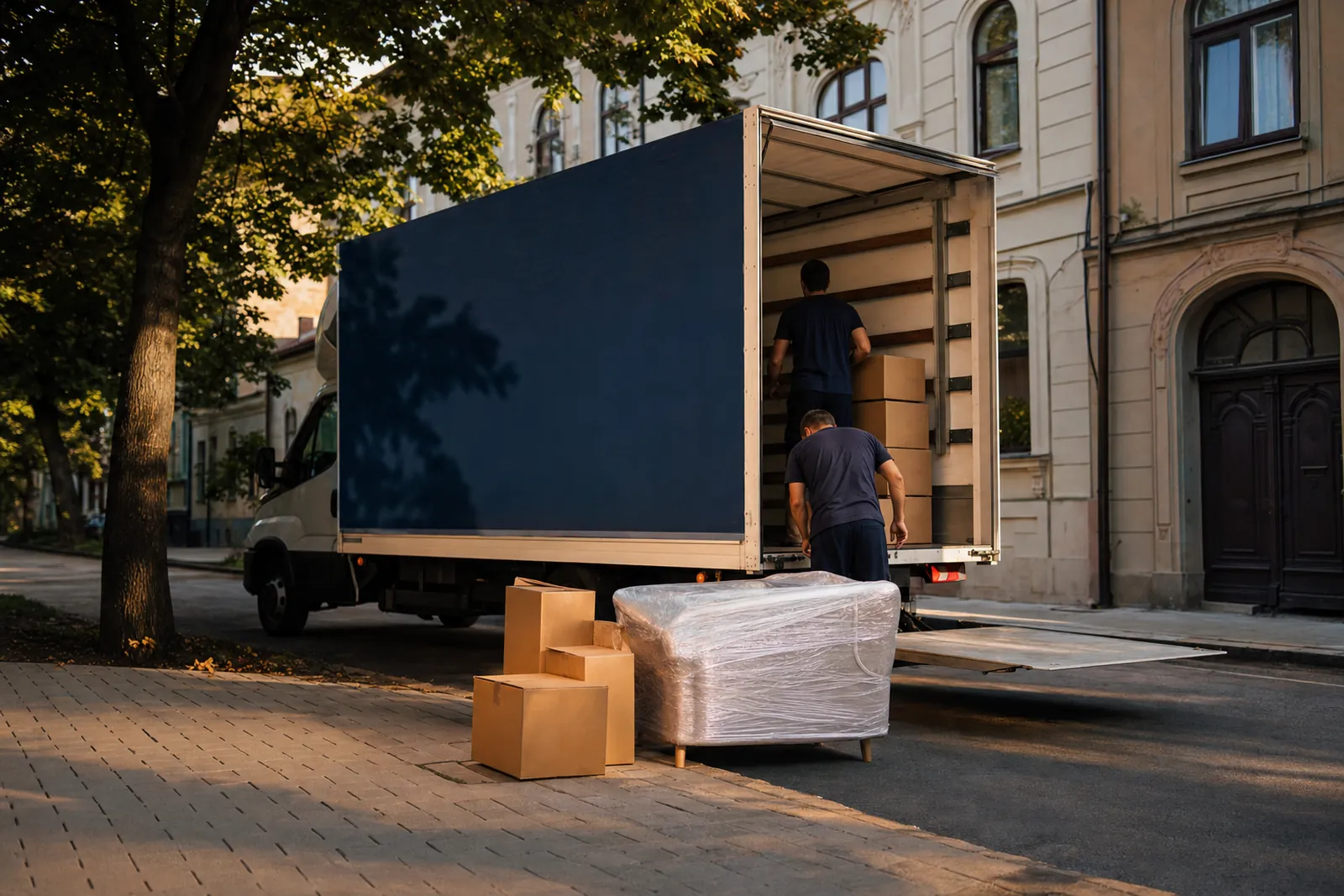 Dubă cu prelată încărcată cu cutii și mobilă, pe o stradă din Oradea