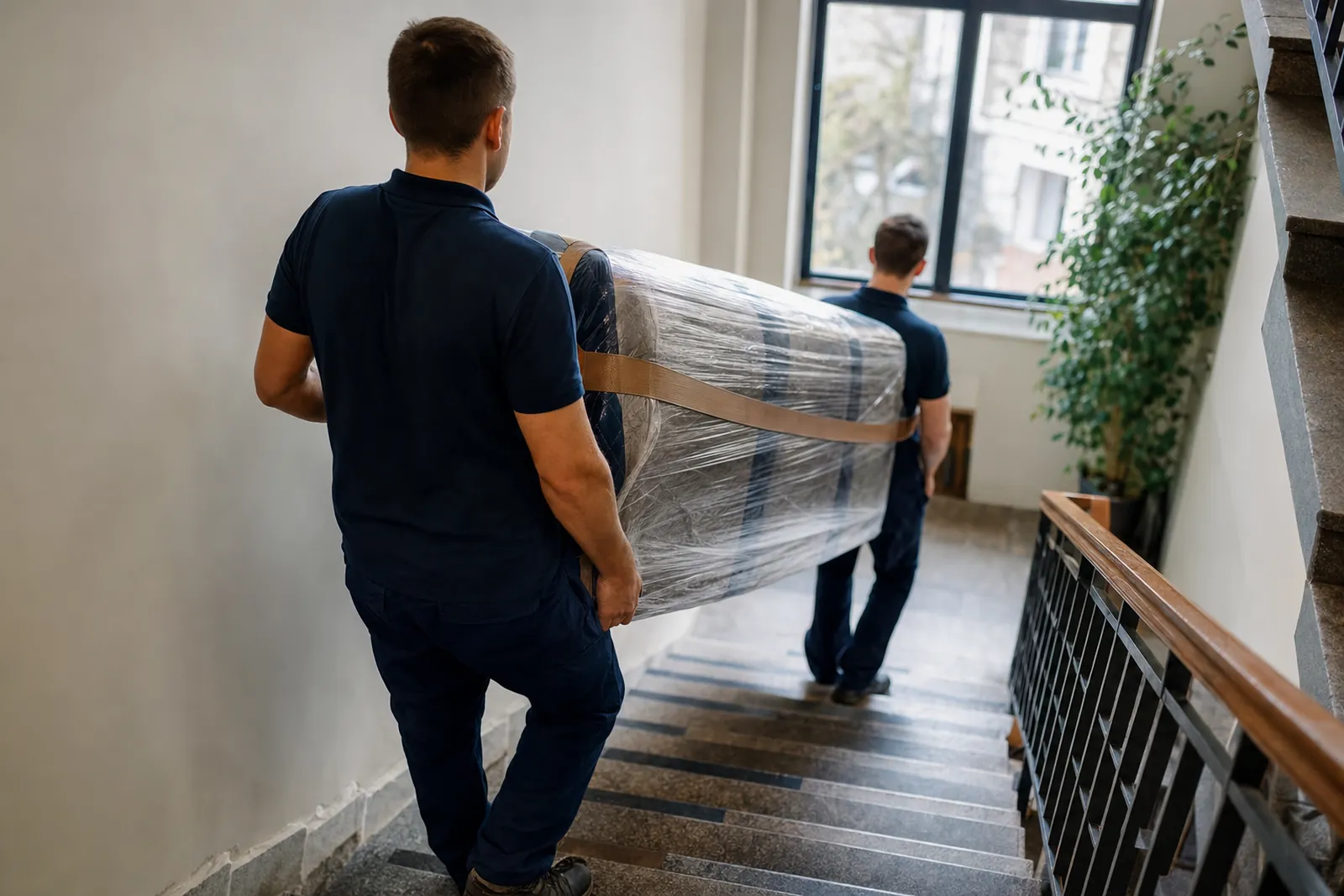 Doi colegi coboară pe scări o canapea ambalată în folie